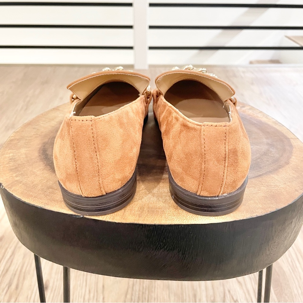 Nine West tan brown with gold chain, flat faux suede, vegan loafers - Picture 7 of 9
